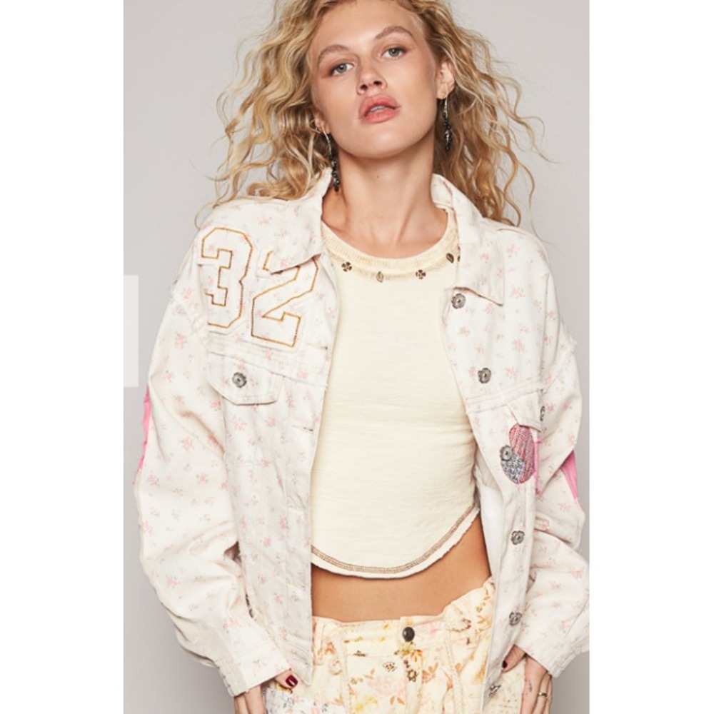POL Cream Floral Jean Jacket with Pink Accents